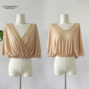 Women's V-Neck Five-Quarter Sleeve Loose Fit Cotton T-Shirt