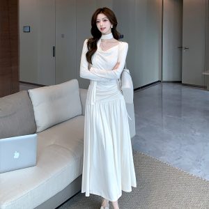 2025 Autumn Cowl Neck Ruched Halter Long Sleeve Dress Women Lazy Long Dress Niche Design