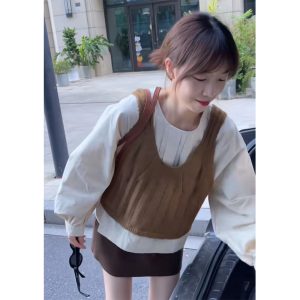 QiongQiong Design Button Shirt with Brown Knit Vest and Leather Skirt Three-Piece Set - Style 53d646
