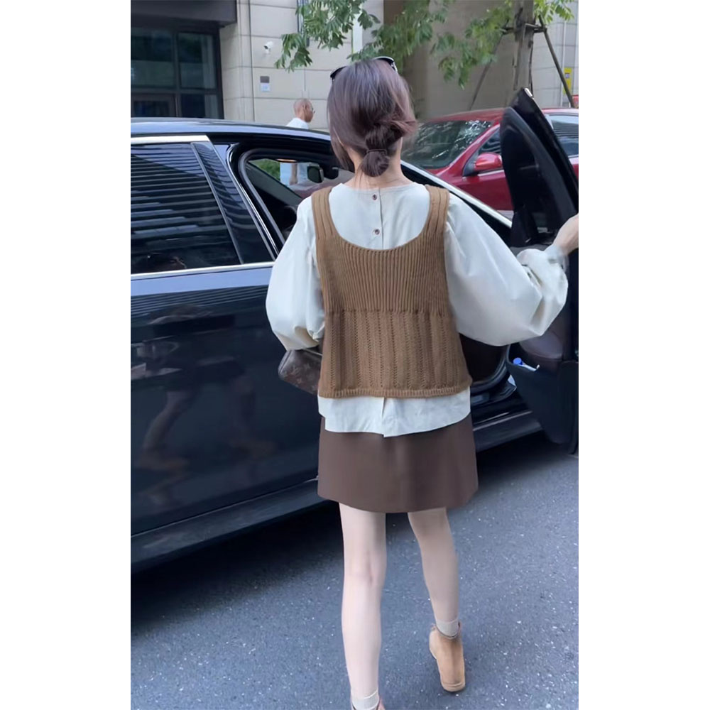 QiongQiong Design Button Shirt with Brown Knit Vest and Leather Skirt Three-Piece Set - Style 53d646 - Image 3