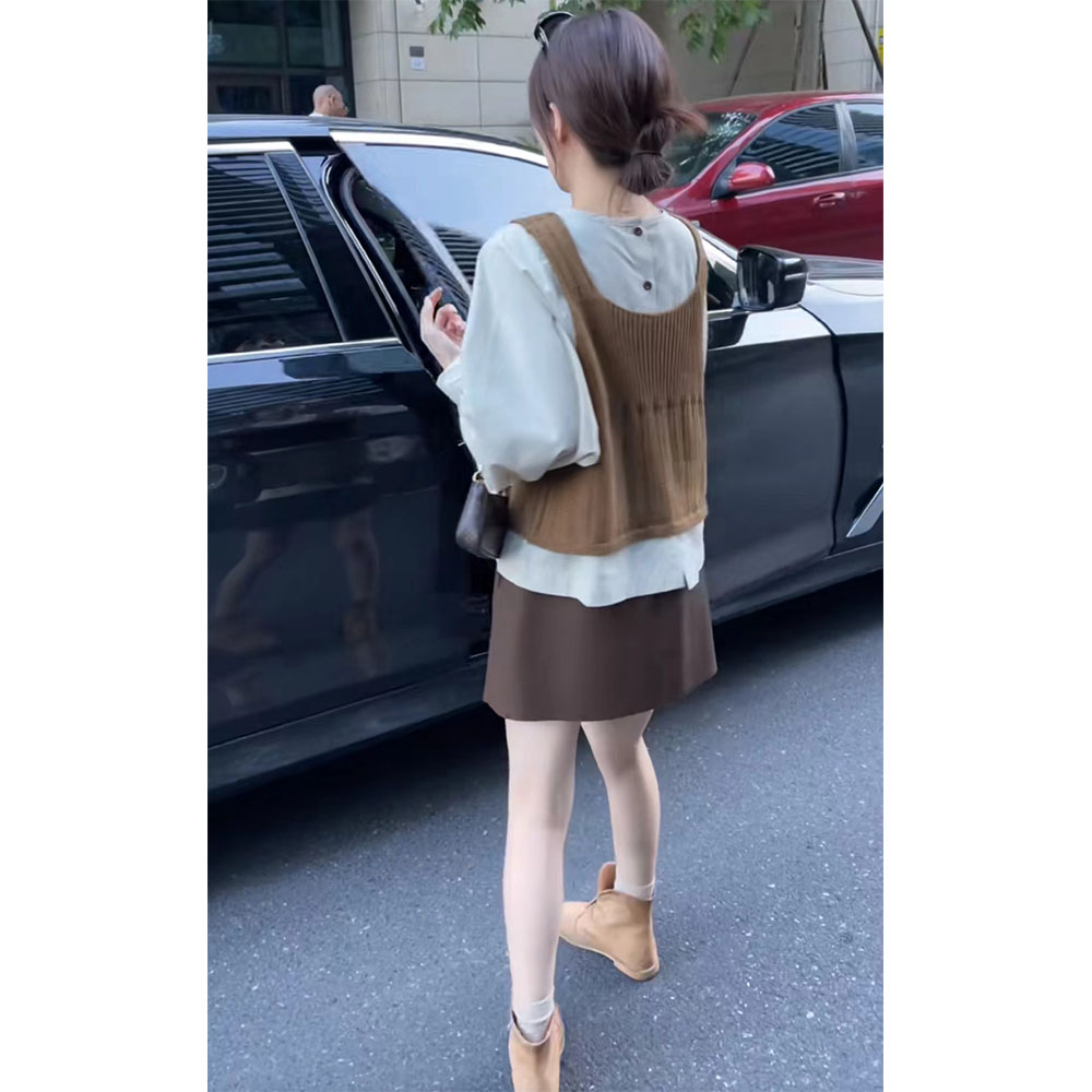 QiongQiong Design Button Shirt with Brown Knit Vest and Leather Skirt Three-Piece Set - Style 53d646 - Image 4