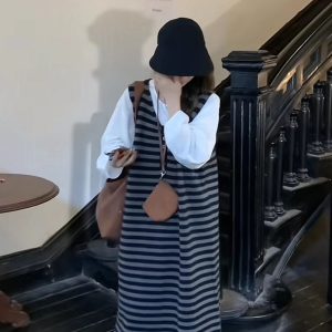 Women's Striped Dress and Vest Set with White Shirt - Casual Round Neck Cotton Outfit