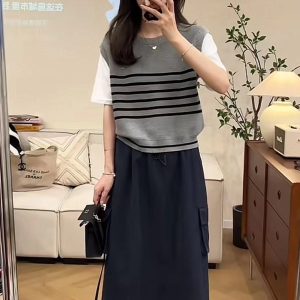 Striped Patchwork Fashion Top and Cargo Skirt Set