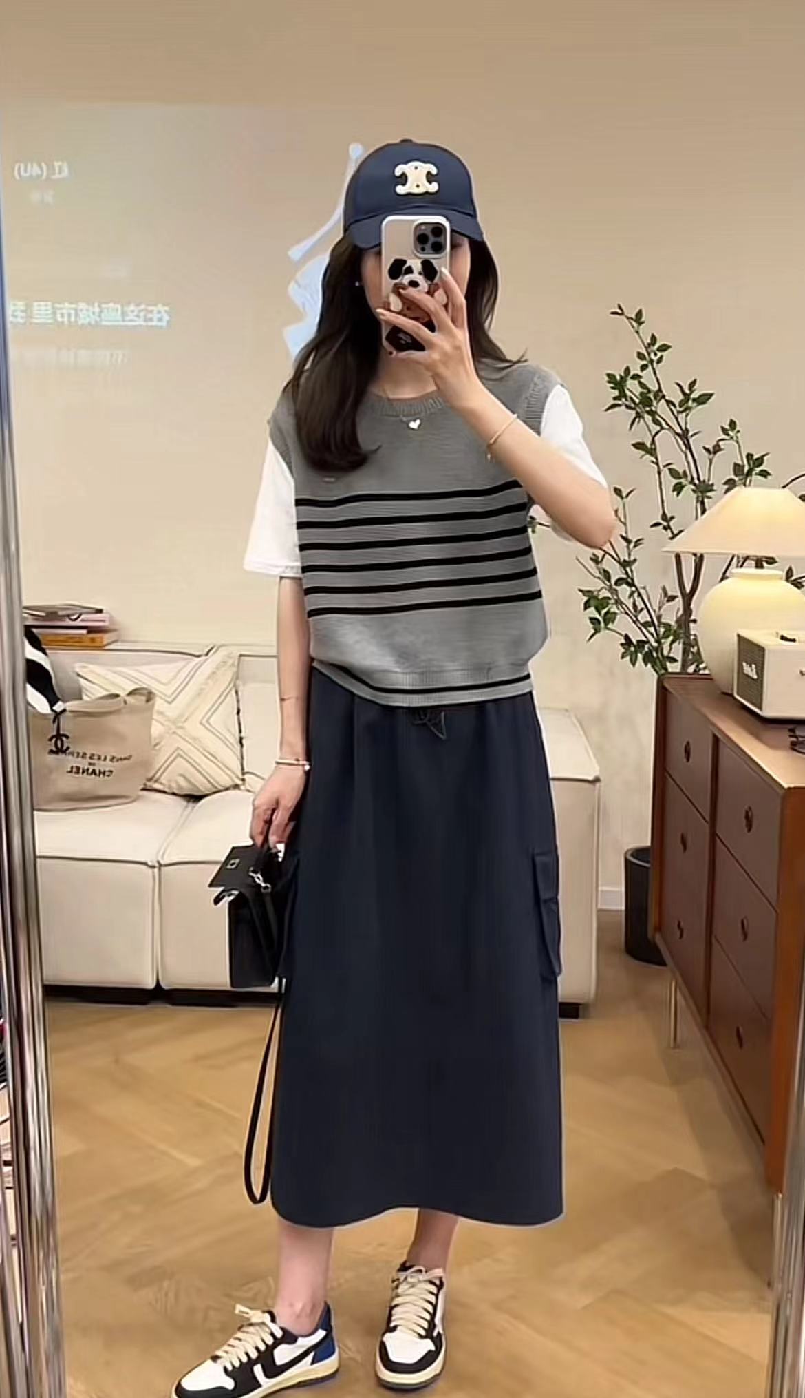 Striped Patchwork Fashion Top and Cargo Skirt Set