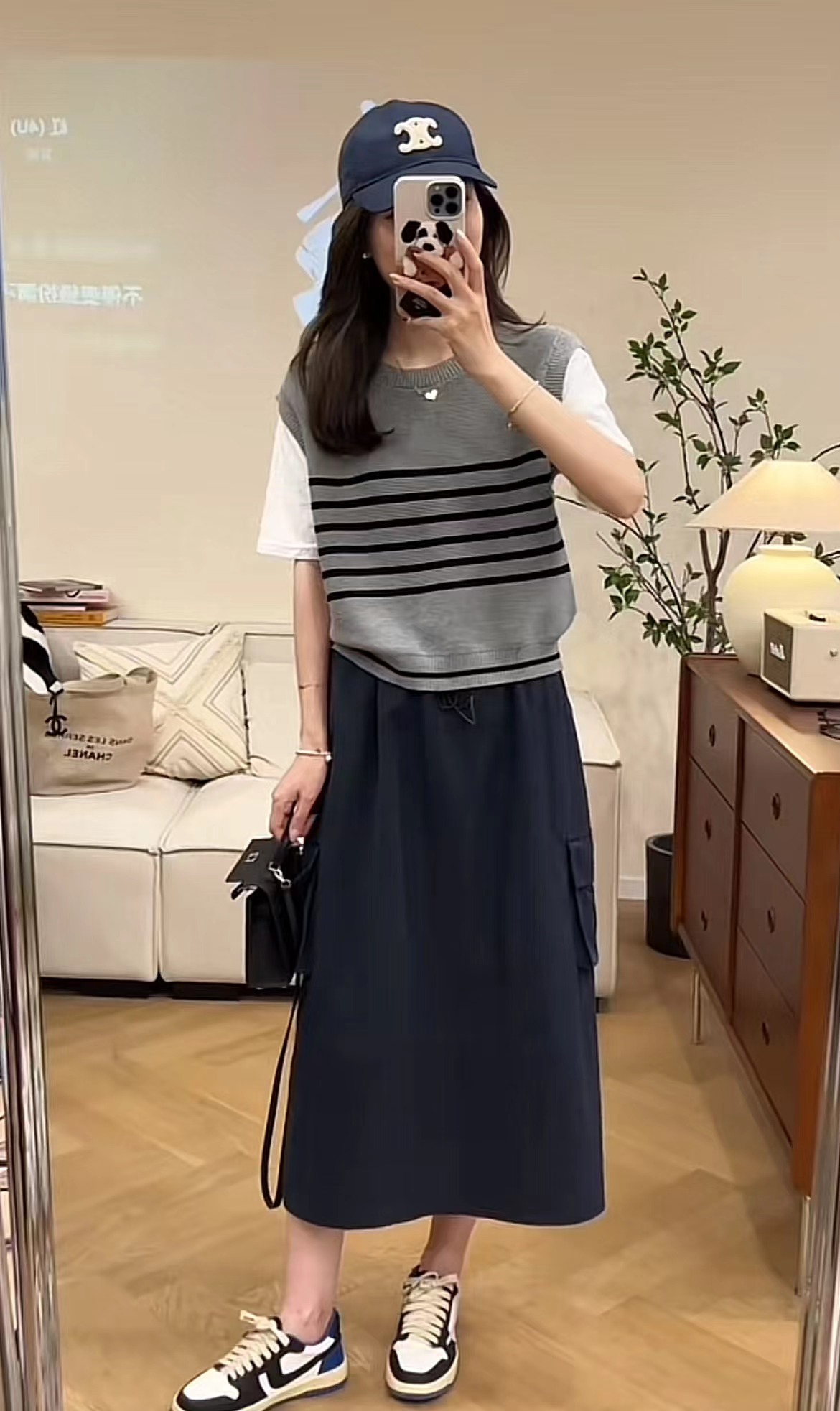 Striped Patchwork Fashion Top and Cargo Skirt Set - Image 2