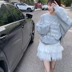 Off-Shoulder Bow Sweatshirt and Skirt Set for Women