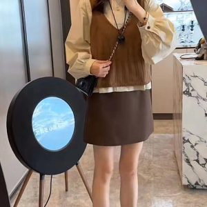 Trendy Design Shirt and Vest Set with Slimming Skirt Set