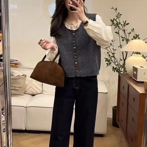3-Piece Lace Shirt Vest and Stitched Jeans Set