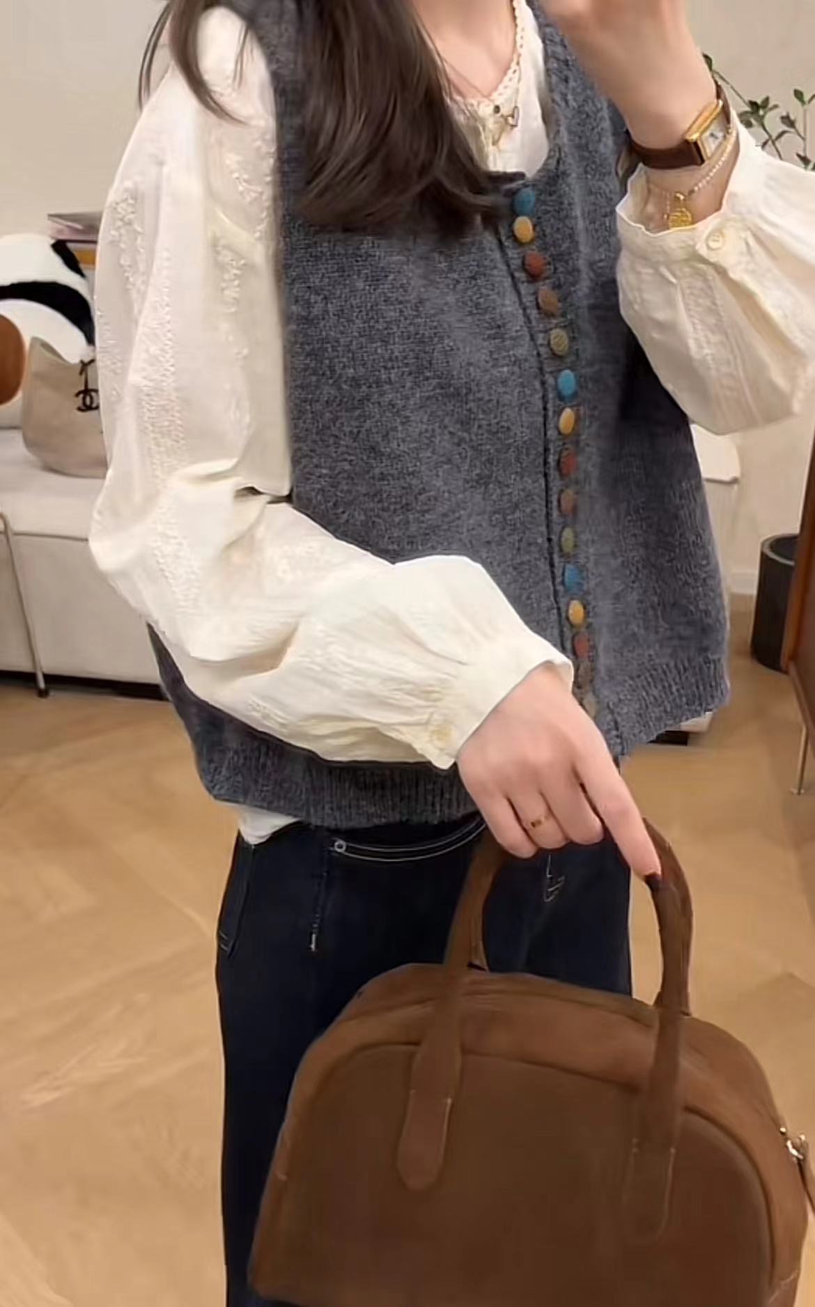3-Piece Lace Shirt Vest and Stitched Jeans Set - Image 4