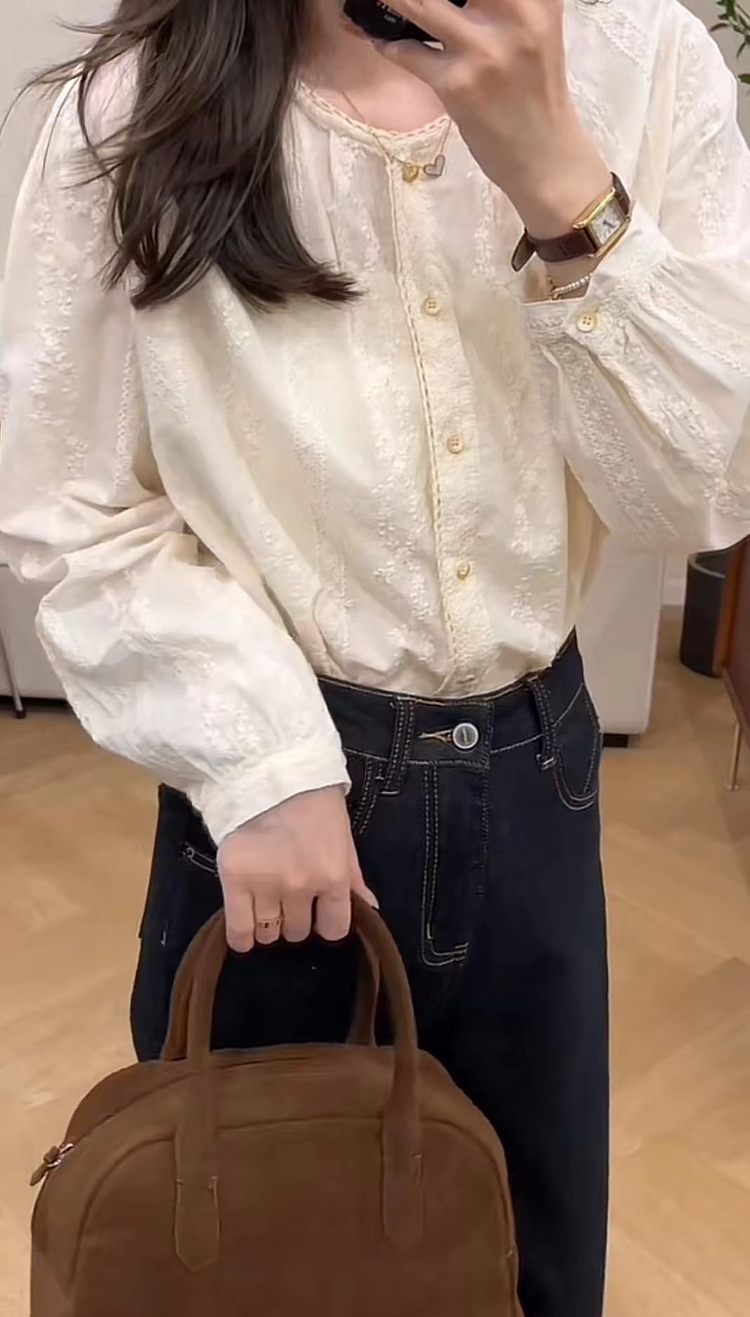 3-Piece Lace Shirt Vest and Stitched Jeans Set - Image 3