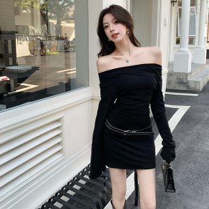 2025 Autumn New Black One-Shoulder Long Sleeve Bodycon Mini Dress for Women with Waist Belt