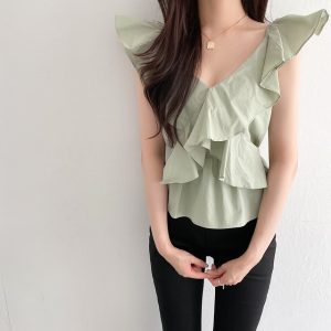 Korean Chic French V-Neck Ruffle Tie Camisole Top