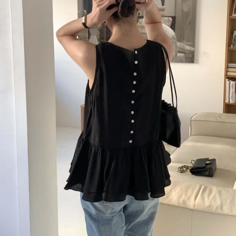Korean Chic Summer Ruffle Trim Back Button Sleeveless Top - Image 2