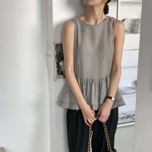 Korean Chic Summer Sleeveless Top with Ruffle Trim and Back Buttons