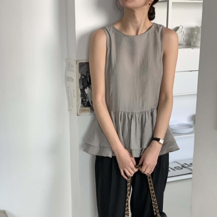 Korean Chic Summer Ruffle Trim Back Button Sleeveless Top
