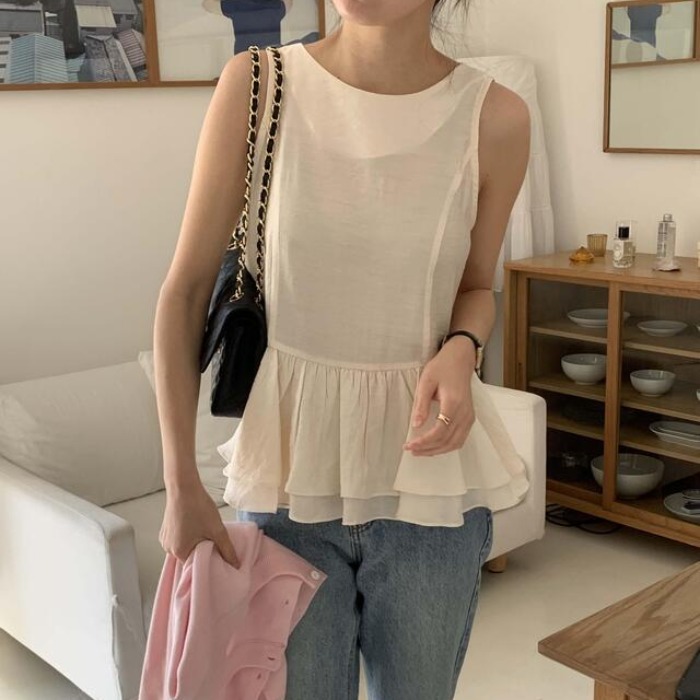 Korean Chic Summer Ruffle Trim Back Button Sleeveless Top - Image 3