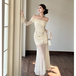 2025 Autumn French Off-Shoulder Long Sleeve Bodycon Mermaid Mesh Dress