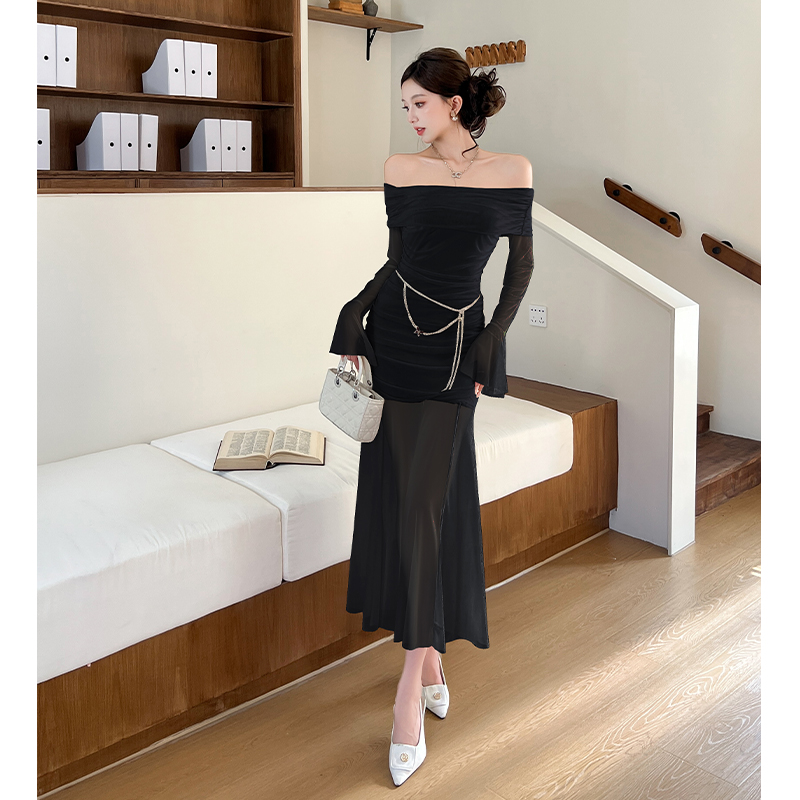 2025 Autumn French Off-Shoulder Long Sleeve Bodycon Mermaid Mesh Dress - Image 4