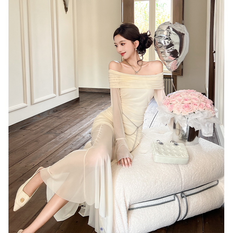 2025 Autumn French Off-Shoulder Long Sleeve Bodycon Mermaid Mesh Dress - Image 3
