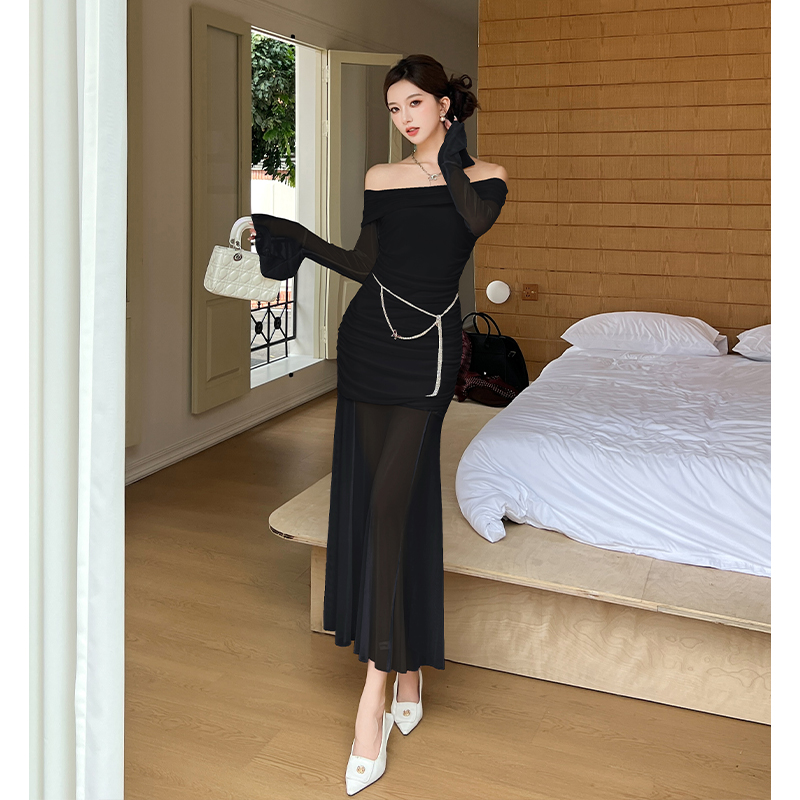 2025 Autumn French Off-Shoulder Long Sleeve Bodycon Mermaid Mesh Dress - Image 2