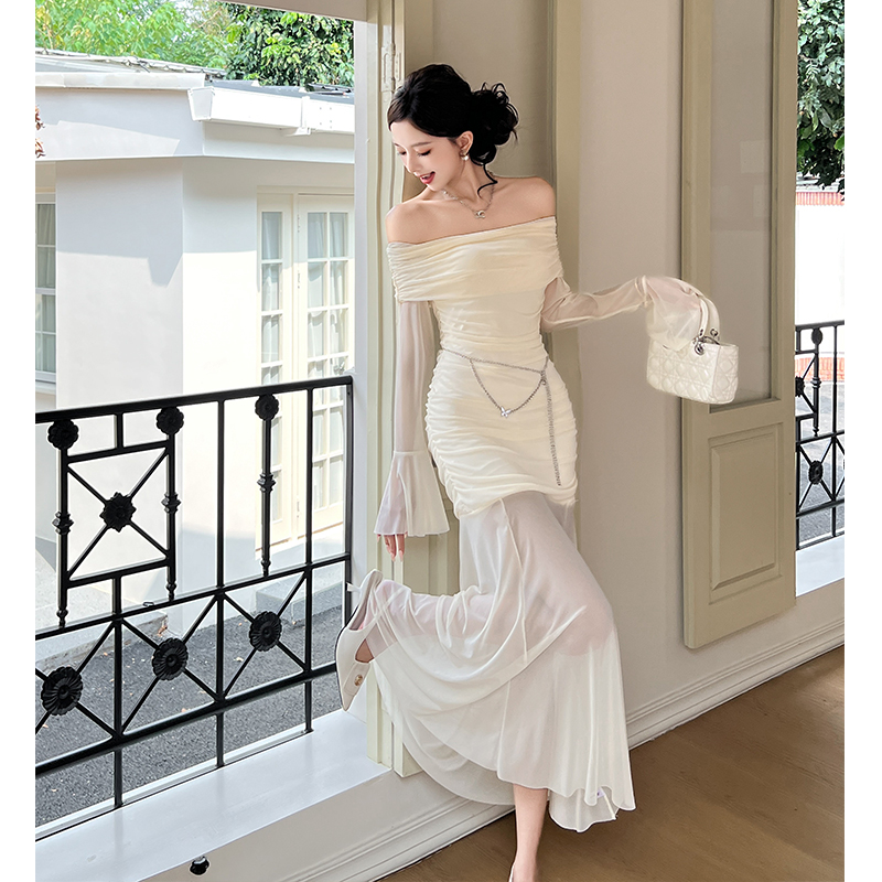 2025 Autumn French Off-Shoulder Long Sleeve Bodycon Mermaid Mesh Dress - Image 5