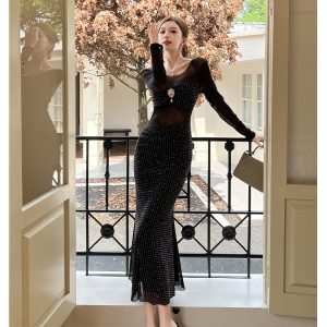 2025 Autumn Winter New Sexy Pure Desire Rhinestone Round Neck Mesh Spliced Long Sleeve Dress Women Hip Wrap Fishtail Long Skirt