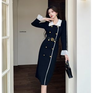 2025 Autumn Winter French Vintage Hepburn Style Black Knit Dress with Belt