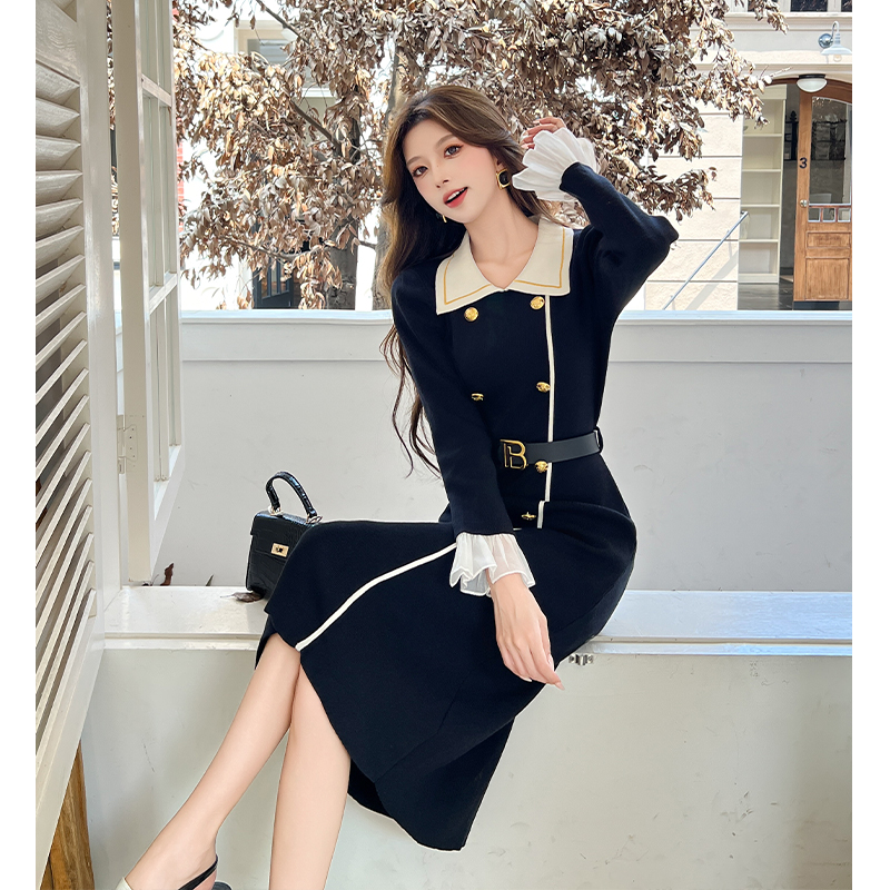 2025 Autumn Winter French Vintage Hepburn Style Black Knit Dress with Belt - Image 2