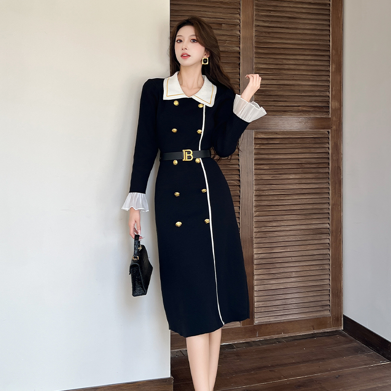 2025 Autumn Winter French Vintage Hepburn Style Black Knit Dress with Belt - Image 5