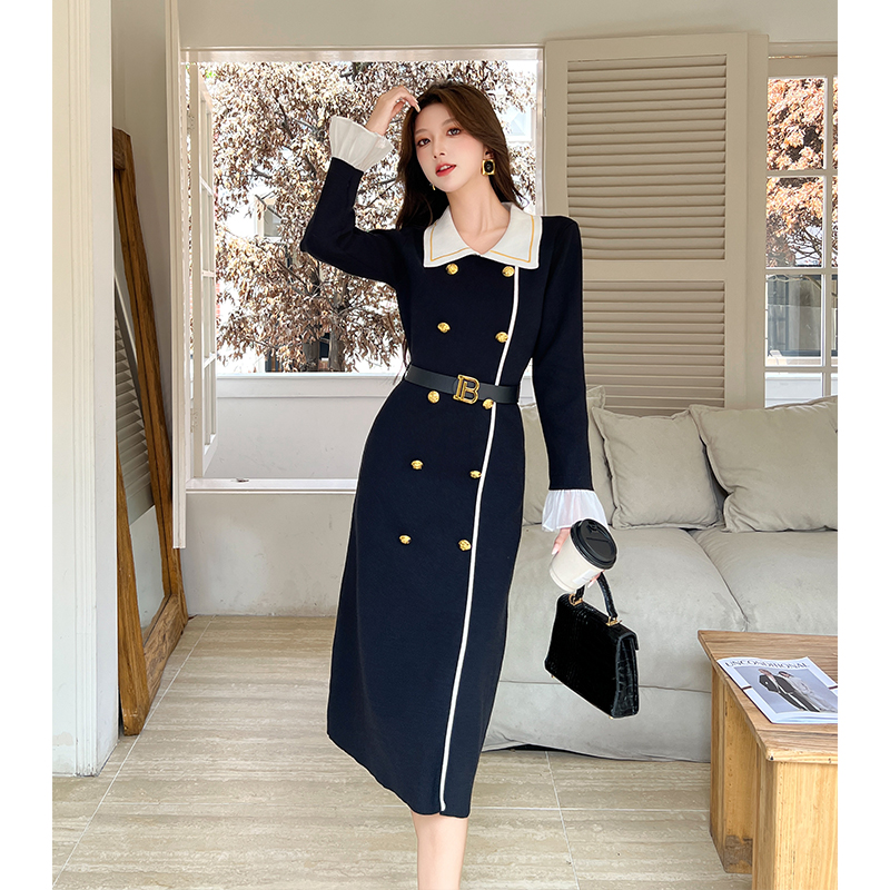 2025 Autumn Winter French Vintage Hepburn Style Black Knit Dress with Belt - Image 3