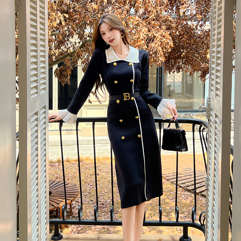 2025 Autumn Winter French Vintage Hepburn Style Black Knit Dress with Belt - Image 4