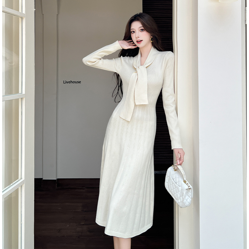 2025 Autumn Winter French Style Tie Knit Dress Women Midi Sweater Base Dress