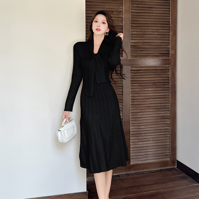 2025 Autumn Winter French Style Tie Knit Dress Women Midi Sweater Base Dress - Image 2