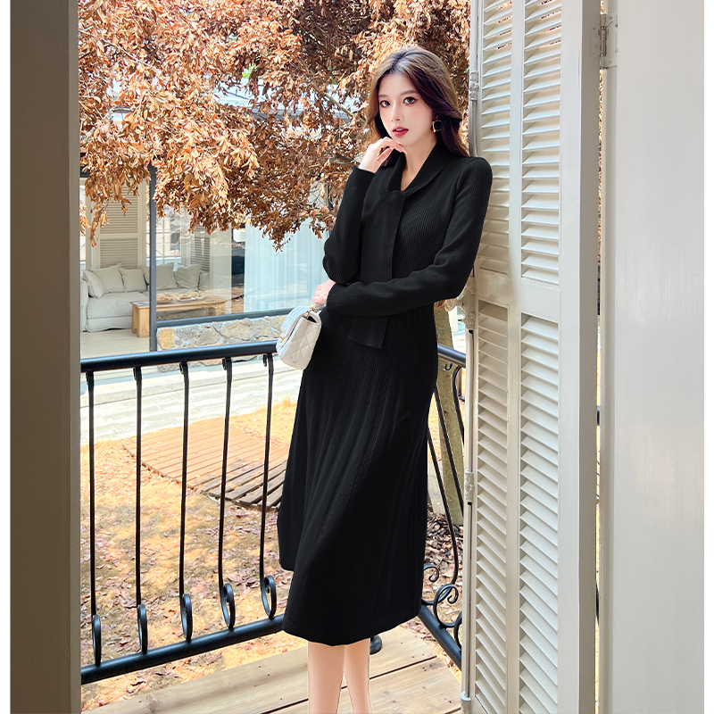 2025 Autumn Winter French Style Tie Knit Dress Women Midi Sweater Base Dress - Image 4