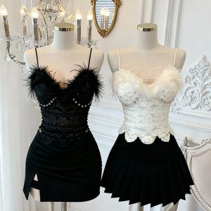 Women's Lace Patchwork Camisole Top with Fuzzy Trim - Black or White