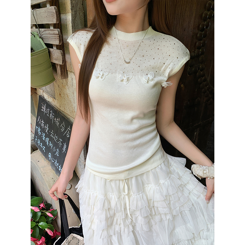 Women Summer Rhinestone Butterfly Knit Top Slim Fit Short Sleeve T-Shirt - Image 4