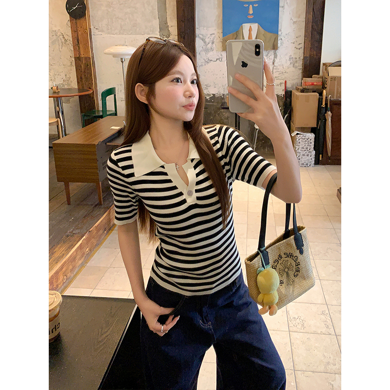 Women's Striped Polo Collar Knit Top Summer V-Neck Single Button Lightweight Breathable Commuter Shirt - Image 2