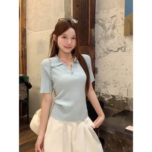 Women's Striped Polo Collar Knit Top Summer V-Neck Single Button Lightweight Breathable Commuter Shirt