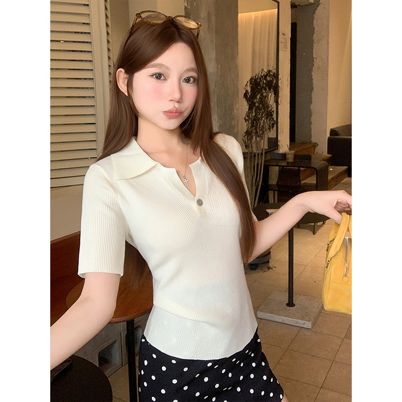 Women's Striped Polo Collar Knit Top Summer V-Neck Single Button Lightweight Breathable Commuter Shirt - Image 4