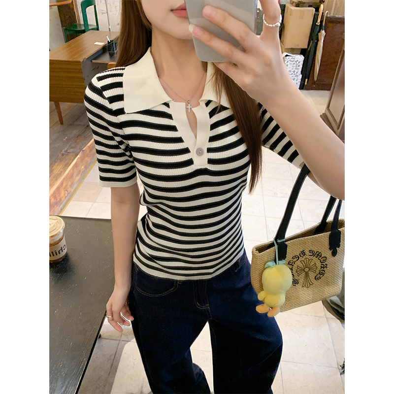 Women's Striped Polo Collar Knit Top Summer V-Neck Single Button Lightweight Breathable Commuter Shirt - Image 5