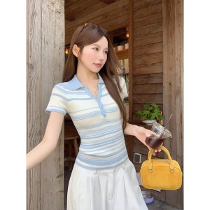 Women's Blue and White Striped Polo Neck Knit Top Summer Slim Fit Waist Cinched Short Sleeve