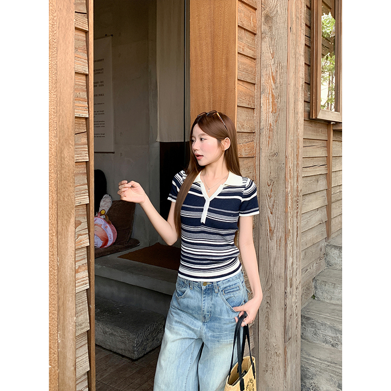 Women's Color Block Striped Collar Short Sleeve Knit Top Summer Slim Fit Waist Cinched Pullover - Image 4