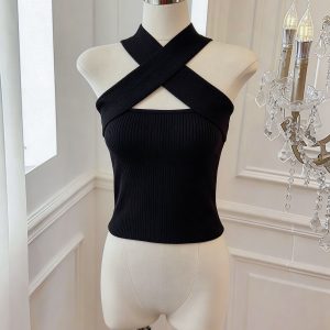 Women's Off-Shoulder Halter Crop Cami Top Sexy Sweet Style Summer Knit