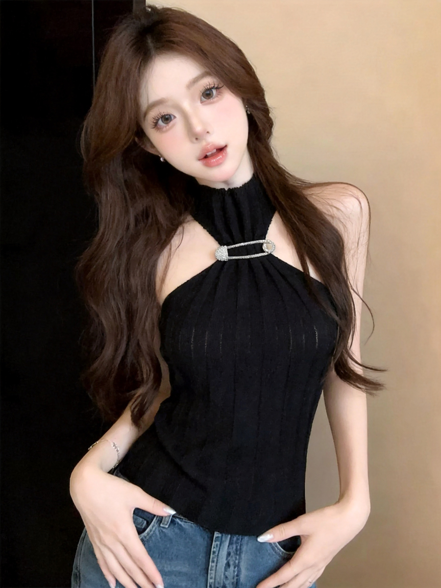 Sleeveless Half Turtleneck Metal Button Knit Slim Striped Crop Top - Style 2e2ba7 - Image 4