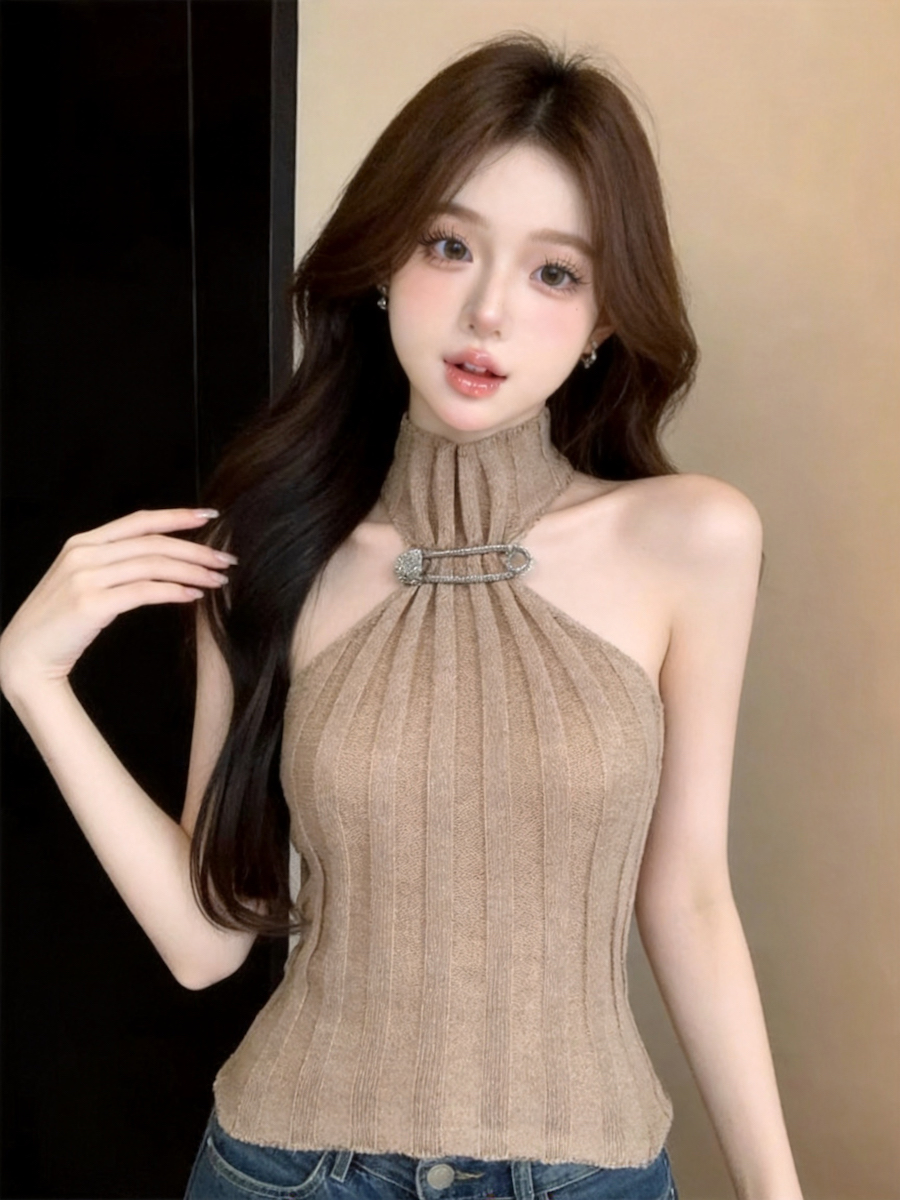 Sleeveless Half Turtleneck Metal Button Knit Slim Striped Crop Top - Style 2e2ba7 - Image 2