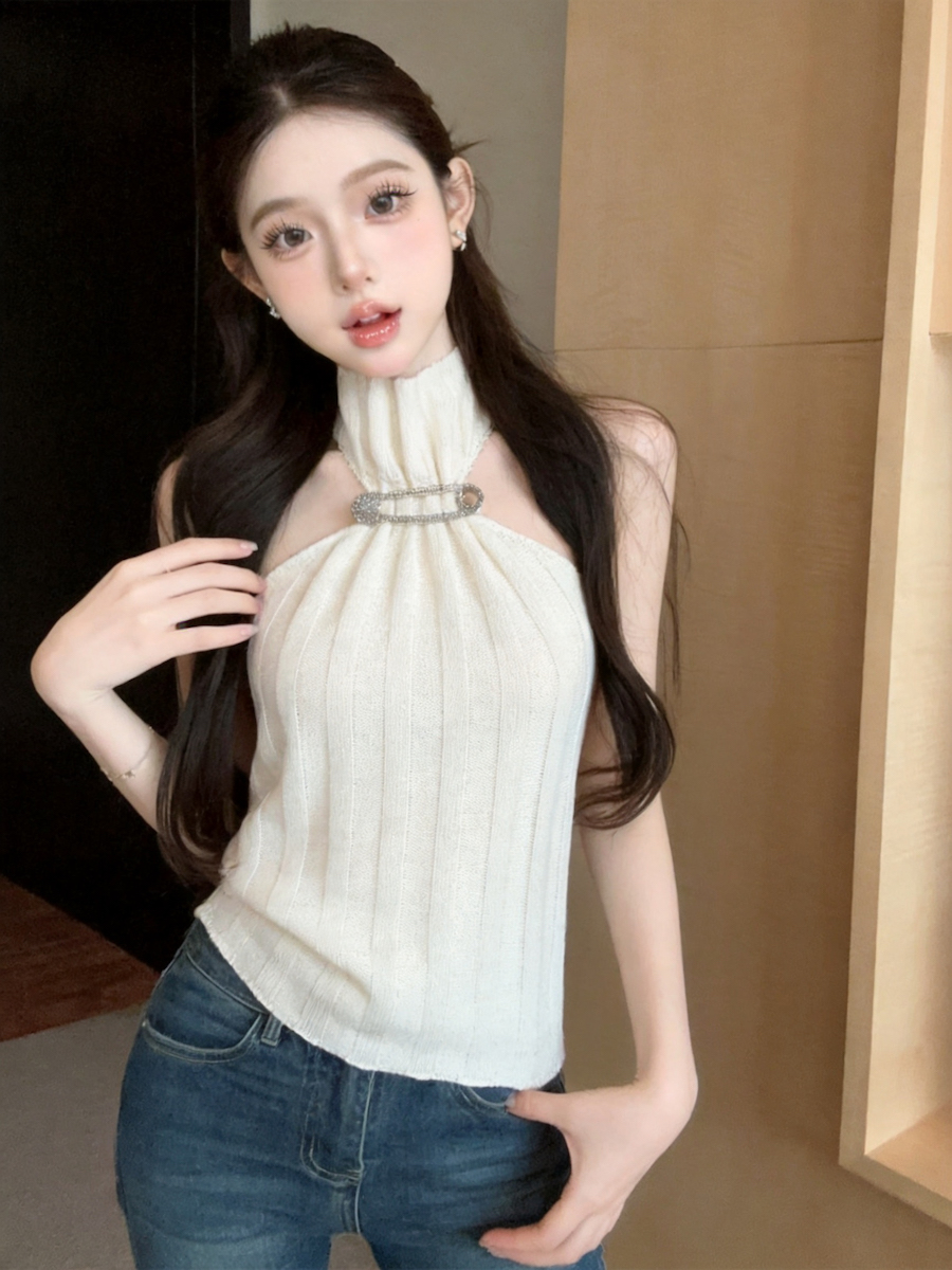 Sleeveless Half Turtleneck Metal Button Knit Slim Striped Crop Top - Style 2e2ba7 - Image 3