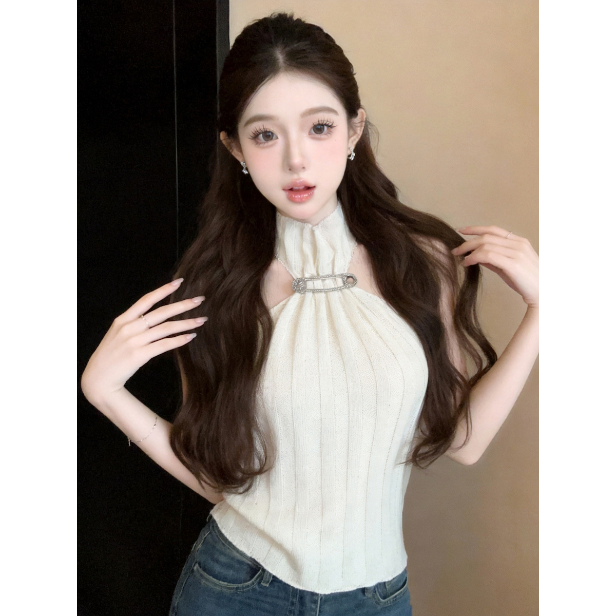 Sleeveless Half Turtleneck Metal Button Knit Slim Striped Crop Top - Style 2e2ba7 - Image 5