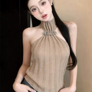 Sleeveless Half Turtleneck Metal Button Knit Slim Striped Crop Top - Style 2e2ba7