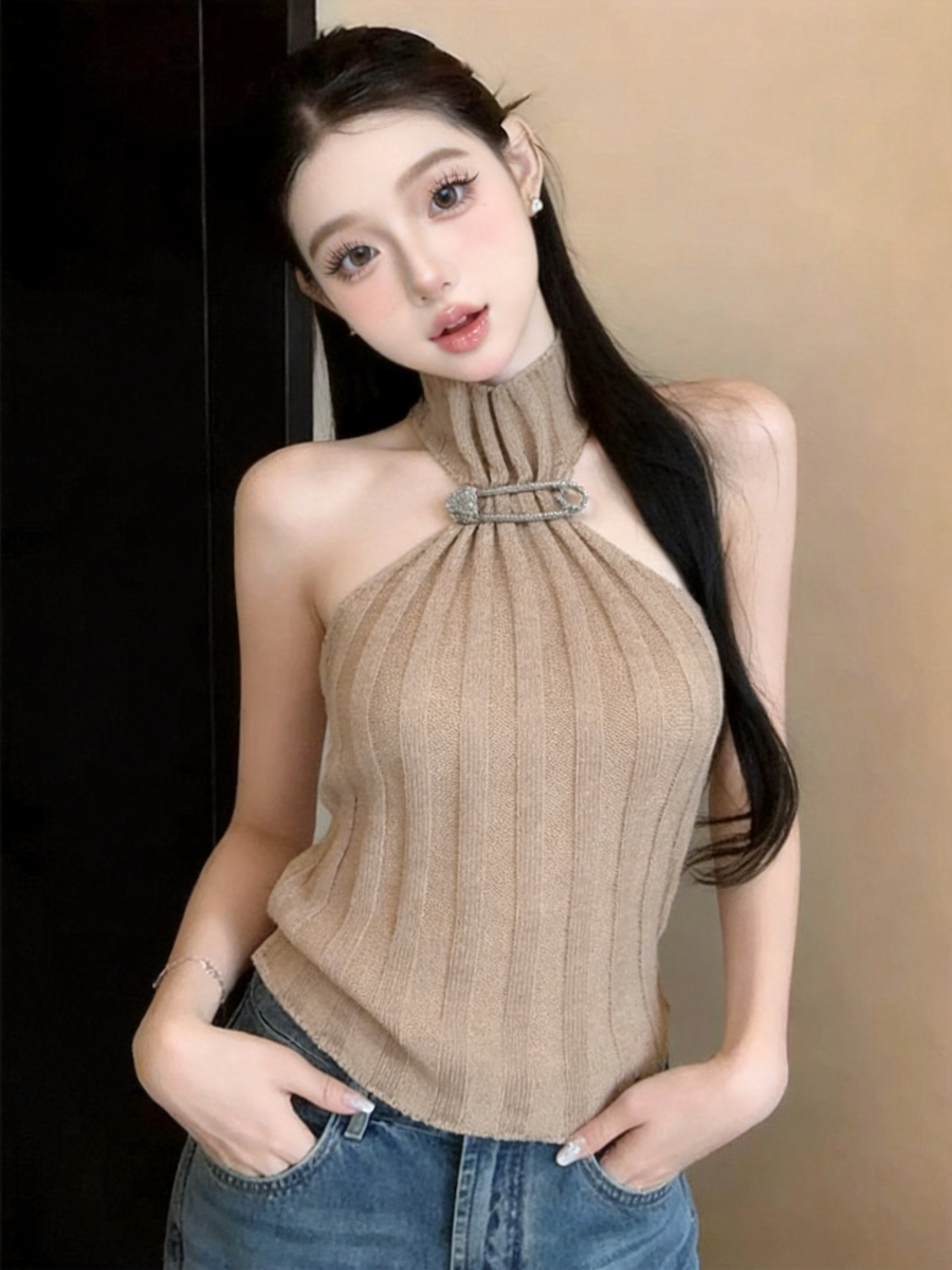 Sleeveless Half Turtleneck Metal Button Knit Slim Striped Crop Top - Style 2e2ba7