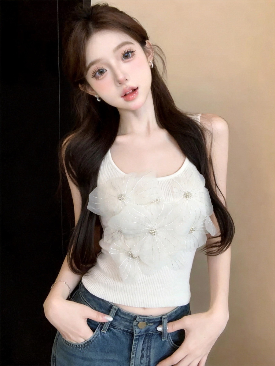 French Sweet 3D Floral Beaded Camisole Slim Backless Ice Silk Sleeveless Top - Style a59e6a - Image 3